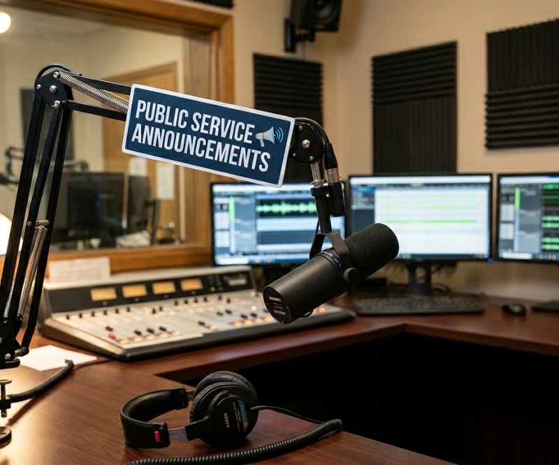 Radio station microphone with a sign Public Service Announcements